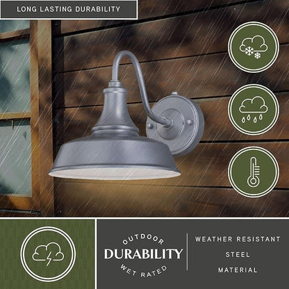 VAXCEL Dorado 9 in. H 1-Light Satin Silver and White Dusk to Dawn Sensor Farmhouse Outdoor Wall Sconce, Gooseneck Steel Shade, Dark Sky Compliant for Exterior Porch Patio Front Door or Garage