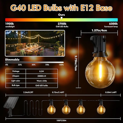 Solar String Lights Outdoor 100ft - 36+2 Shatterproof & Waterproof G40 LED Bulbs, Remote Control w/ 4 Dimming,3 Light Modes & Timer, Waterproof IP65 for Patio, Garden, Camping, Party, Christmas Décor