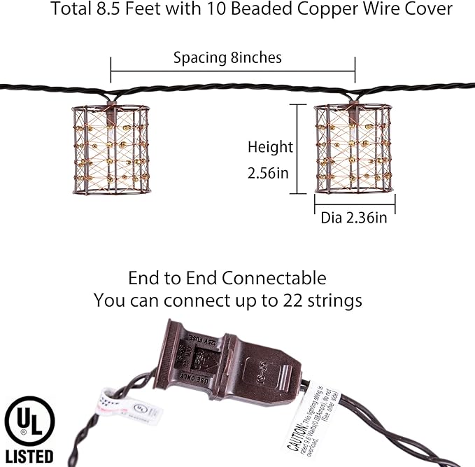 Outdoor Patio String Lights Plug in with 10 Incandescent Bulbs, Handwoven Beaded Copper Wire Style Decorative Lantern String Lights Connectable Weatherproof for Pergola, Porch, Mantel, Indoor Decor