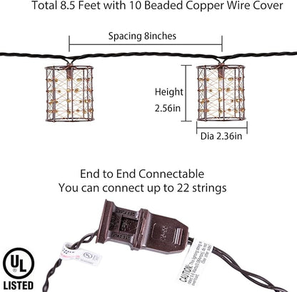 Outdoor Patio String Lights Plug in with 10 Incandescent Bulbs, Handwoven Beaded Copper Wire Style Decorative Lantern String Lights Connectable Weatherproof for Pergola, Porch, Mantel, Indoor Decor
