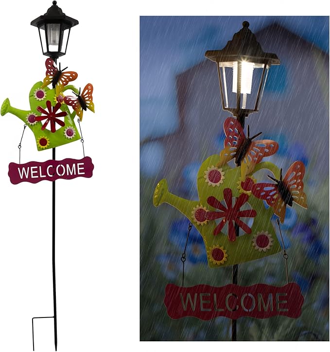 Crosslight Solar LED Watering Can Welcome Sign - Weatherproof Garden Stake Light for Outdoor Decoration - Decor for Yard, Lawn, Patio, Pathway, Backyard | Warm White