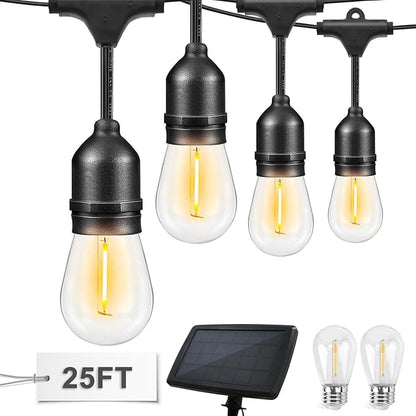COOS BAY Solar-Powered 25 FT S14 String Lights, IP65, 10 Shatterproof Edison Vintage Bulbs (2 Spare) for Outdoors, 10 Hanging Sockets, Decorative Lights for Patio, Garden, Wedding, Party, and Pool