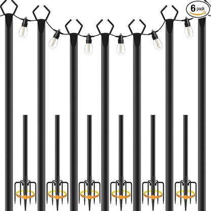 7 Pack 10 ft Heavy Duty Metal String Light Poles Adjustable Outdoor Lighting Stand for Patio,Backyard,Garden,Party & Wedding Rustproof & Sturdy with Hooks