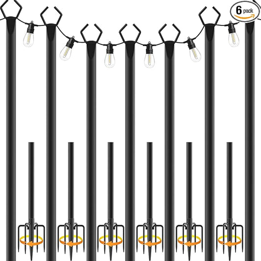 7 Pack 10 ft Heavy Duty Metal String Light Poles Adjustable Outdoor Lighting Stand for Patio,Backyard,Garden,Party & Wedding Rustproof & Sturdy with Hooks