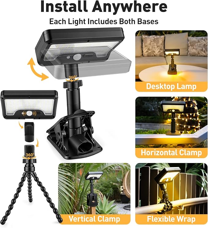 2 Pack Clip On Solar Lights Outdoor with Octopus Tripod, 3 Color Temps & Remote Control, Motion Sensor Fence Lights Solar Powered, IP65 Waterproof Security Light for Outside, Deck, Gutter, Camping