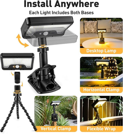 2 Pack Clip On Solar Lights Outdoor with Octopus Tripod, 3 Color Temps & Remote Control, Motion Sensor Fence Lights Solar Powered, IP65 Waterproof Security Light for Outside, Deck, Gutter, Camping