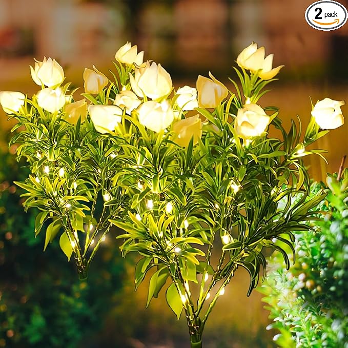 Solar Gardenia Lights Outdoor, 2 Pack Decorative LED Solar Flower Lights, Waterproof Solar Pathway Lights for Yard Lawn Patio Decoration, Warm Light