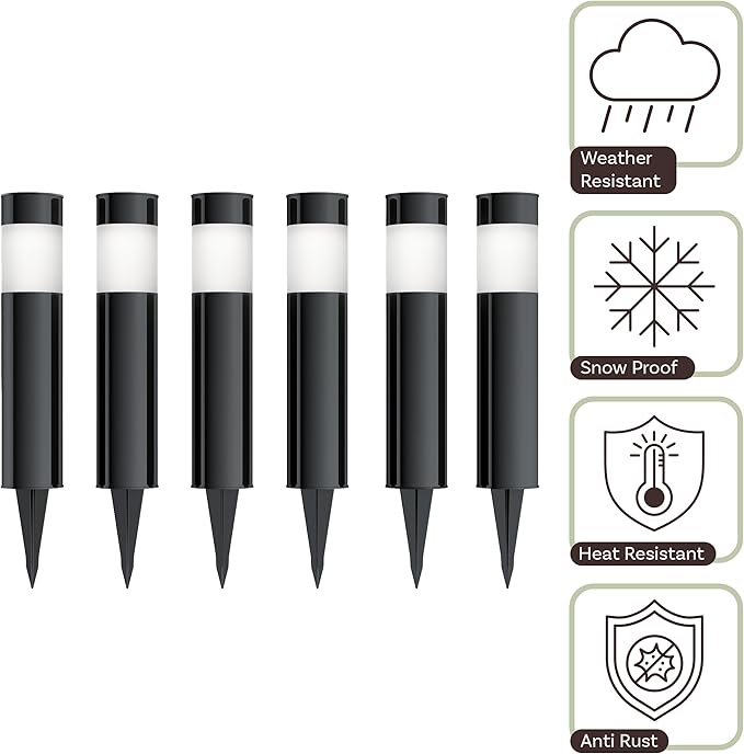 Pure Garden Solar Lights Outdoor Waterproof 6-Pack - 15â€ Stainless Steel Bollard Solar Pathway Lights - Stake Outdoor LED Lighting for Yard, Drive, Path or Landscape Lighting (Black)