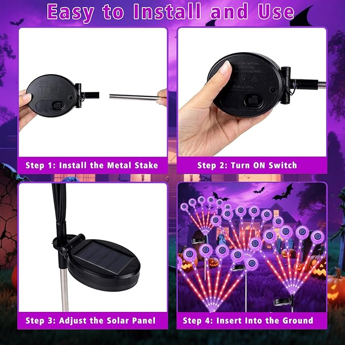 Halloween Decorations Outdoor, Solar Scary Eyeball Lights Swaying by Wind, Purple Solar Lights Outdoor Waterproof, Solar Pathway Firefly Lights, Halloween Decor for Yard, Lawn, Garden