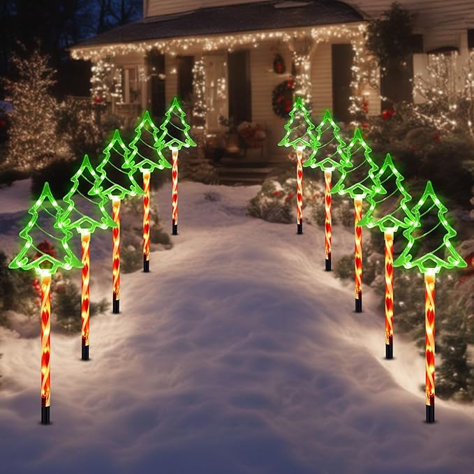 Christmas Solar Pathway Lights Outdoor Decorations, 8 Modes Xmas Tree Candy Lights Waterproof Led Garden Stake Light for Walkway Yard Lawn Porch Holiday Decor 5-Pack (Red Tube Tree, 5 Pack)