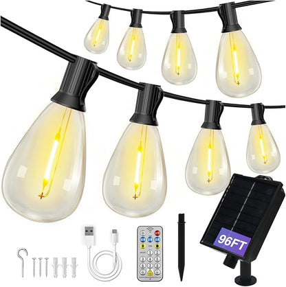 DAYBETTER 96FT Solar String Lights Outdoor Waterproof with Remote & USB Port Dimmable & Timmer,Solar Patio Lights 30+1 LED Shatterproof Bulbs 8 Light Modes,String Lights for Outside Camping Backyard