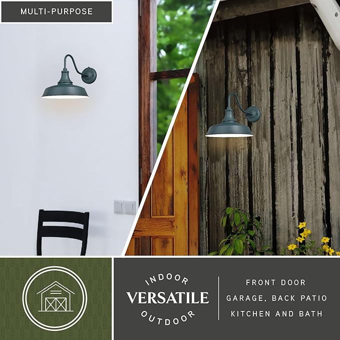 VAXCEL Dorado 11.5 in. H 1-Light Hunter Green and White Dusk to Dawn Sensor Farmhouse Outdoor Wall Sconce, Gooseneck Steel Shade, Dark Sky Compliant for Exterior Porch Patio Front Door or Garage