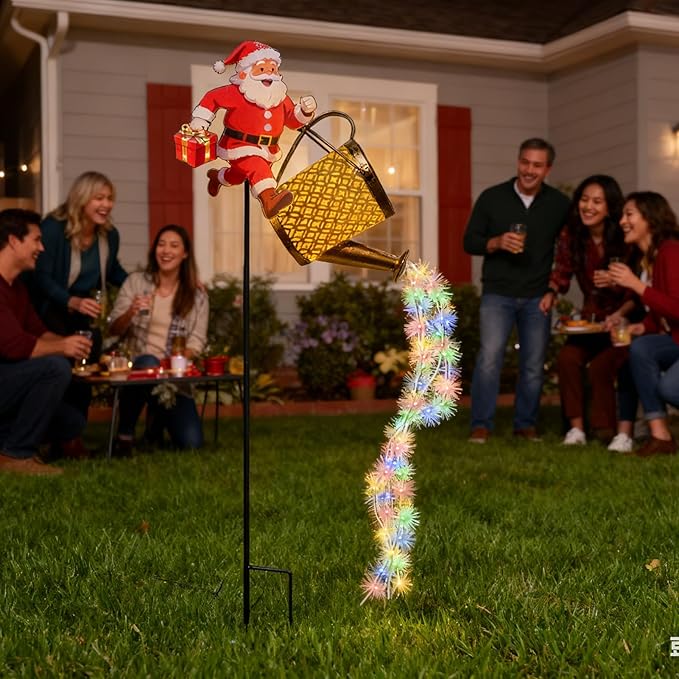 Christmas Santa Solar Kettle Lights, Waterproof Solar Watering Can with Cascading Lights, Garden Lawn Decorative Light, Hanging Metal Solars Santas Watering Can Led Light for Yard Pathway