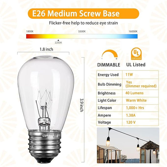 Pack of 26pcs S14 Light Bulbs for String Lights -11 Watt E26 Medium Candelabra Screw Base S14 Warm Replacement Clear Glass Bulbs for Commercial Grade Outdoor Patio Garden Vintage String Lights