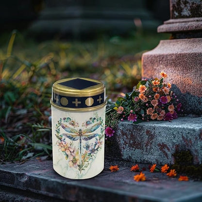 Dragonfly Floral Solar Pathway Lights Outdoor Waterproof Garden Solar Lights Solar Cemetery Lights for Grave Weather Resistant Memorial Garden Stake Cross Lights for Grave