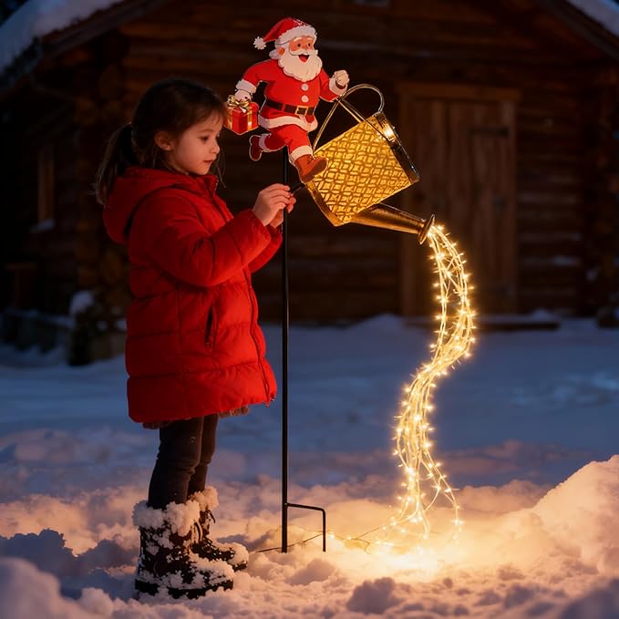 Christmas Santa Solar Kettle Lights, Waterproof Solar Watering Can with Cascading Lights, Garden Lawn Decorative Light, Hanging Metal Solars Santas Watering Can Led Light for Yard Pathway