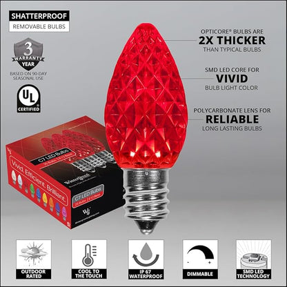 Wintergreen Lighting C7 OptiCore Red Outdoor Christmas Lights - LED Christmas String Lights, Outside Christmas Tree Lights; Green Wire (50 Lights, 50 ft)