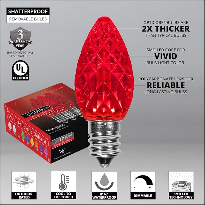 Wintergreen Lighting Set of 100 C7 OptiCore Red Commercial LED String Christmas Lights, Outdoor Christmas House | Lumora