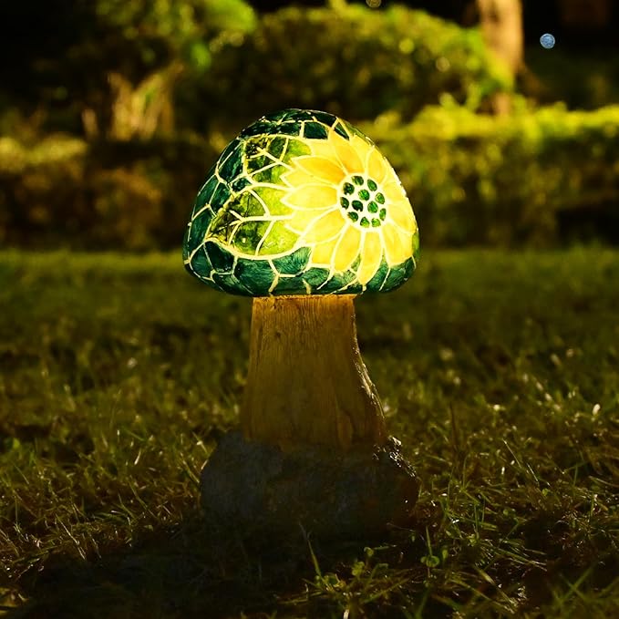 Mushroom Solar Lights Outdoor: Fairy Garden Decor Statue Mosaic Art Yard Figurines Led Lawn Ornaments Outside Decorations Birthday Gifts for Mother Mom Grandma Women