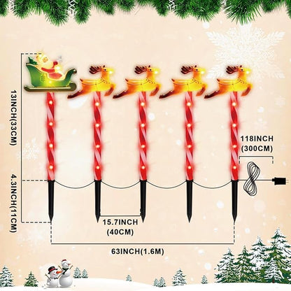 LAMPHOME Christmas Pathway Lights Outdoor, 5PCS Santa Sleigh Markers Christmas Decorations Outdoor Yard, Pathway Marker Stake Lights for Patio Ground Path Sidewalk Walkway Driveway