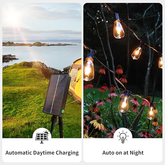 30FT Solar String Lights Outdoor Waterproof with Remote and 15+1 Shatterproof Bulbs, Patio LED Solar Powered Hanging Lightings for Outside，Camping，Backyard, Garden, Porch Decor