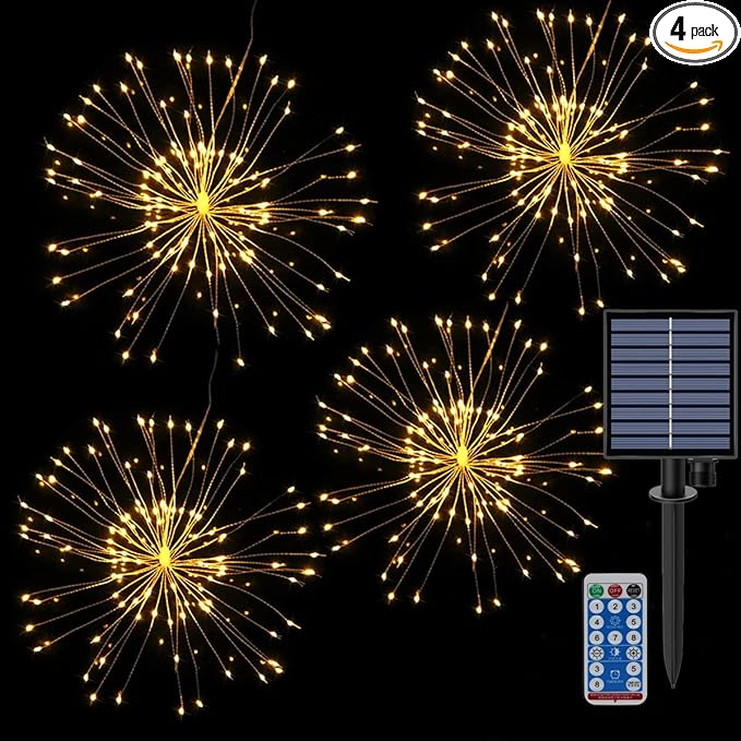 4 Pack 480 LED Firework Copper Wire Lights, Fairy Twinkle Solar String Lights with 8 Modes Starburst for Christmas, Birthday, Bedroom, Corridor, Patio, Garden, Wedding