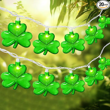20 LED Clear Green Shamrock String Lights, 12FT St Patricks Day Lights String Outdoor Waterproof with 20 LED Light for Rish Shamrock St Patrick's Day Party Indoor Home Window Porch Garden Decorations