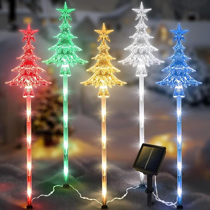 5 Pcs Acrylic Solar Pathway Stakes Lights Outdoor Waterproof, 8 Modes Christmas Decorations Outdoor Yard, Solar Christmas Garden Decor Lights (Xmas Tree Multicolor)