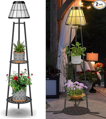 MXwcy 2 Pack Solar Lights Outdoor with Plant Stands, Solar Floor Lamp Metal Tripod Patio Lights for Garden Yard Pathway Driveway Front/Back Porch Decoration