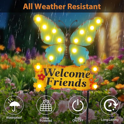 Decorative Garden Stakes Large 45" with 18 Bulbs Solar String Lights Outdoor Waterproof, Butterfly Solar Lights for Outside with Welcome Friends Garden Sign for Yard, Patio, Pathway