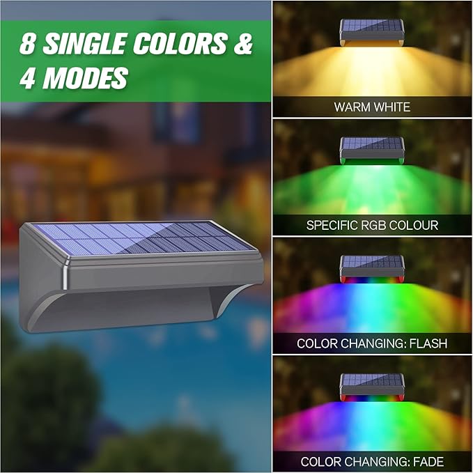 Bridika Solar Fence Lights, 8 Pack Plus Size, Warm & RGB Color Changing, Outdoor Waterproof, 100 Lumen, 8 Specific | Lumora