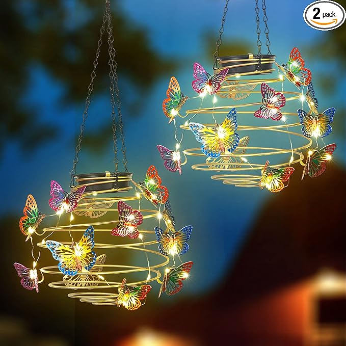 2 Pack Butterfly Solar Lights Outdoor Hanging Lantern with Handle, Solar Powered Butterflies Garden Decor for Outside Patio Yard Porch Pathway Butterfly Gifts for Women (Warm White LED Lights)