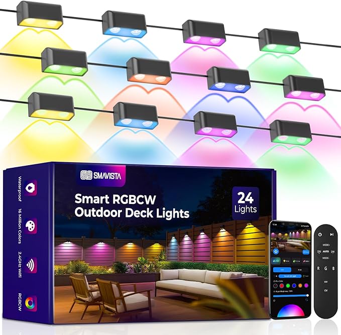 Outdoor Deck Lights 24 Packs, Smart RGBCW Fence Light, 100+ Scene Modes, Dual Lens LED String Lights with | Lumora