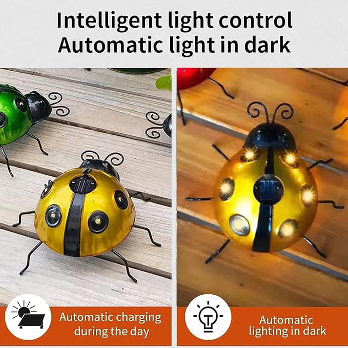 keeda Solar Ladybugs Garden Decor, Waterproof 5.5 Inch Metal Lady Bugs Cute Wall Art LED Garden Light Outside Decor | Lumora