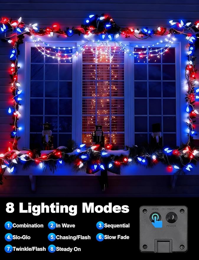 2 Pack 4th of July Decorative Lights Outdoor C6 Strawberry String Lights Red White Blue Fairy Lights 50 LED Solar Operated Rechargeable Garden Lights for Christmas Tree Arbor Decor