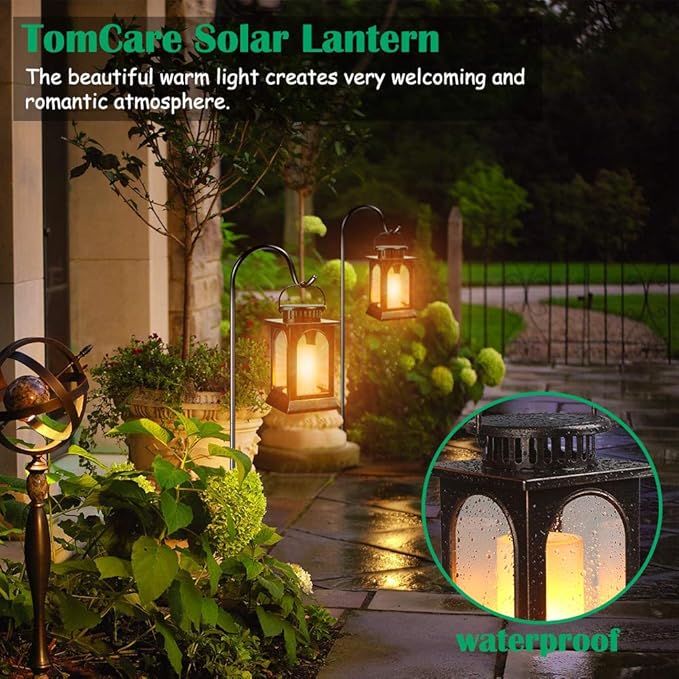 TomCare Solar Lights Flickering Flame Upgraded Metal Solar Lantern Outdoor Hanging Decorative Lanterns Heavy Duty Solar Powered Waterproof Outdoor Lighting for Patio Garden, 2 Pack (Bronze)