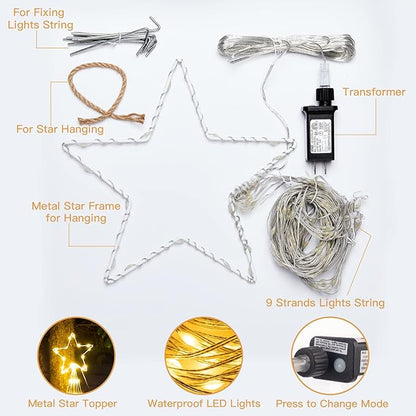 Christmas Decorations Star String Lights - 344 LED 11.8ft 9 Strands Waterfall Tree Lights with Topper Star, 8 Lighting Modes Christmas Lights Indoor Outdoor Decorative for Wedding Yard Party Home