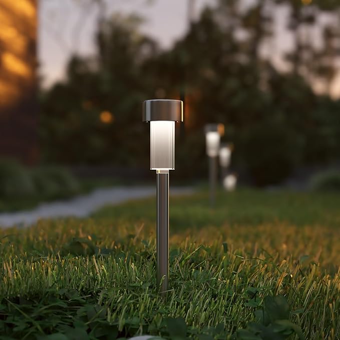 Flash Furniture Hartford 12 Pack LED Solar Lights - All-Weather Stainless Steel Outdoor Solar Powered Lights - Landscape Lighting for Pathway, Garden, & Yard