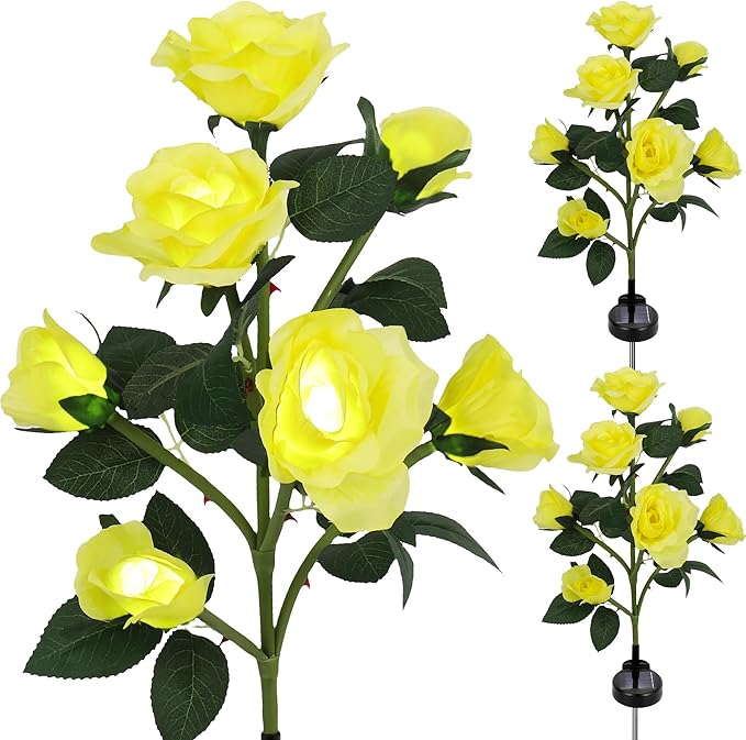 Solar Rose Lights Outdoor, 2 Pack with 14 Rose Flowers Waterproof Color Changing LED Flower Lights, Solar Powered Garden Stakes for Yard, Patio, Pathway Decor - Artificial Floral Decorative Lighting