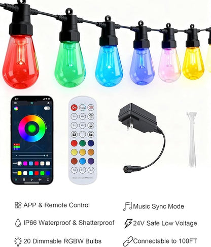 Smart Outdoor String Lights, 50FT RGB Color Changing Patio Lights with Timer, 21-Key RF Remote and Bluetooth App, IP65 Waterproof Shatterproof LED Lights for Backyard Balcony Garden Party Decor