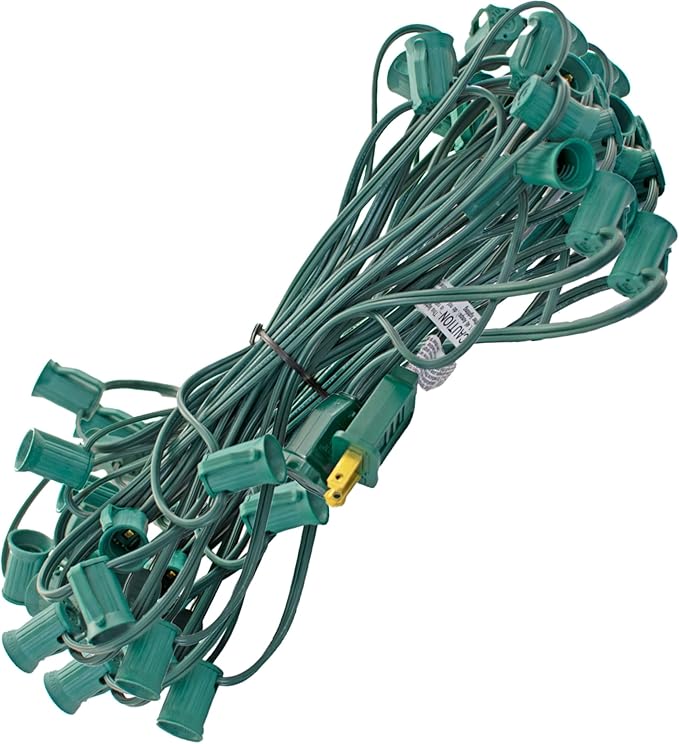 EST. LEE DISPLAY L D 1902 Outdoor Patio Light String, 50 Feet Long with 50 Sockets, Green Wire Hanging Cords, C7 E12, 12in Spacing, Decorative String Lighting Wire (Green, 50)