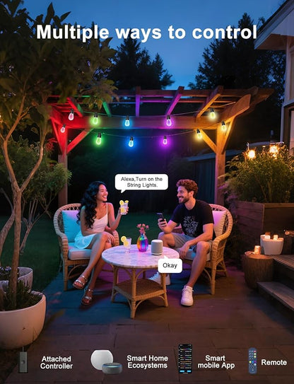 Outdoor String Lights, 50ft Smart RGB IC Warm White Patio Lights Outdoor Waterproof with Remote & App Control, Compatible with Alexa Great for Deck, Gazebo, Balcony