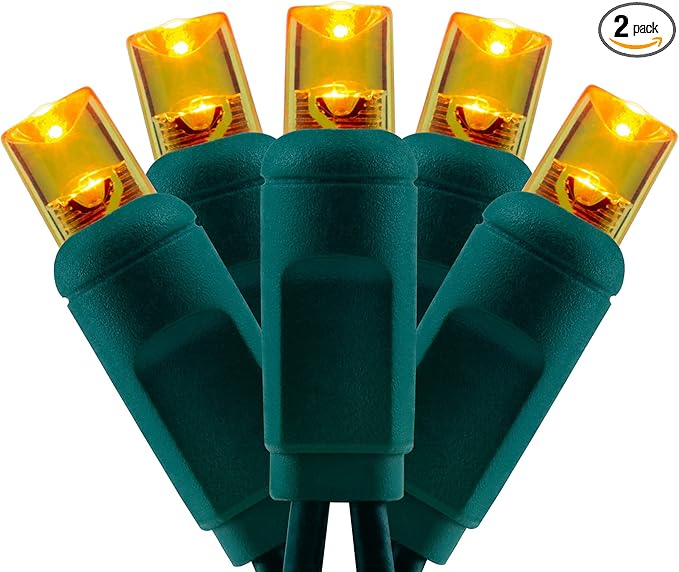 YULETIME Orange One-Piece Wide Angle Christmas Lights 140 Count 48 Feet, 2 Sets 70 LED 24 ft High Waterproof 5mm UL Certified String Light (Orange)