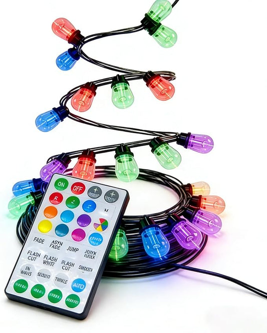 Commercial Grade 50FT LED Outdoor String Lights with Remote Control - 15 Shatterproof Bulbs Waterproof Color Changing Christmas Lights, Dimmable for Patio, Garden, Wedding Decor