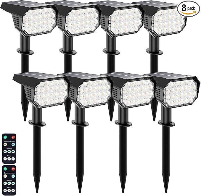 Brightown Solar Lights Outdoor Waterproof IP67, [Cool & Warm Light 2-in-1] Solar Spot Lights Outdoor, 2 Colors 3 Brightness Levels LED Outdoor Solar Lights for Yard Pathway Garden House, 8 Pack