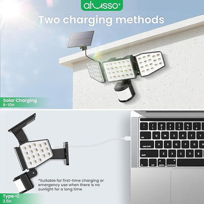 ALUSSO Solar Lights Outdoor with Motion Sensor, 3000-6500K CCT Dimmable 3 Heads Security Light with Remote Control, IP54 Waterproof 3 Modes Flood Lights for Garden Yard Garage