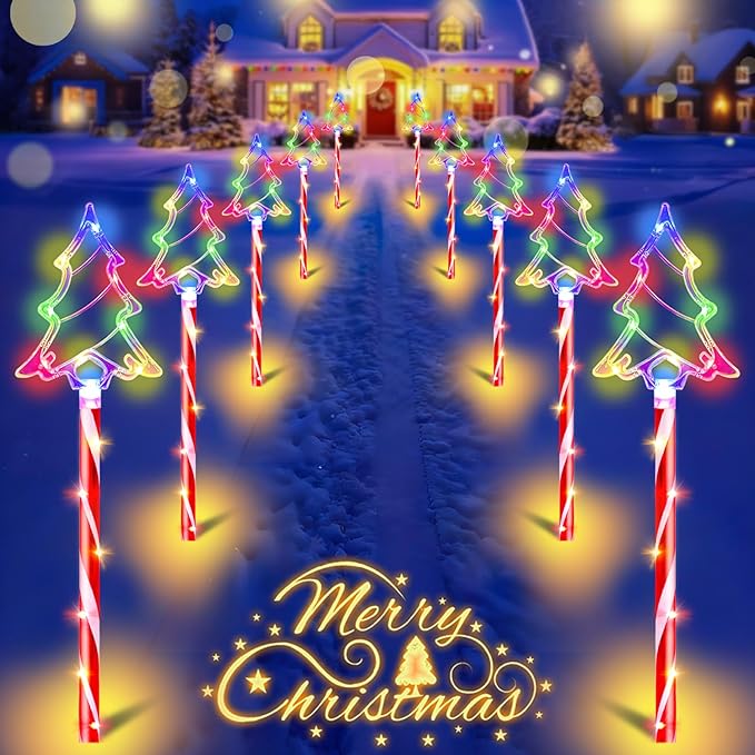 Christmas Pathway Lights Outdoor Decorations 27inch with Stake, 6/18H Timer 8 Modes LED Candy Cane Pathway Lights Outdoor, 32 FT Colorful Xmas Decorations for Walkway Yard Decor 10 Pack