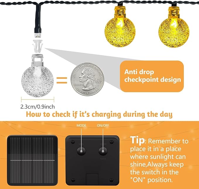 Solar String Lights Outdoor Waterproof, 1 Pack 50 LED 2.3CM 23 FT Each, Solar Powered Patio Lights with 8 Lighting Modes for Garden Yard Porch Wedding Party.. (Warm Color)