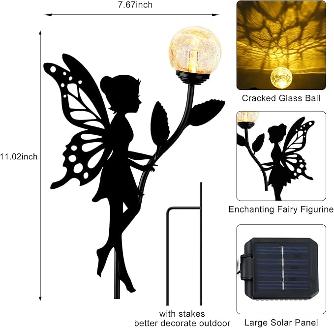 Ouddy Decor 2 Pack Solar Fairy Garden Decor, Metal Statues with Crackle Glass Globe Lights Silhouette Waterproof | Lumora