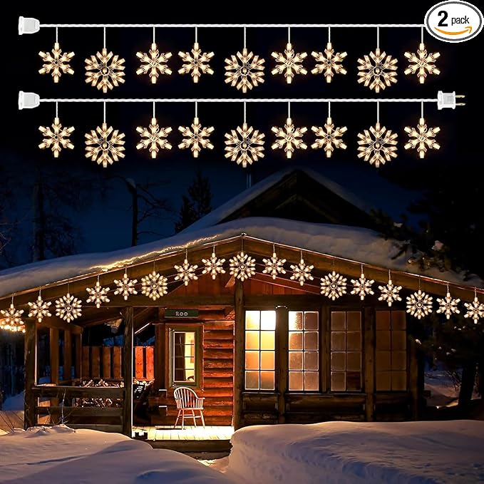 Snowflake Christmas String Lights with 9 Drops - 13ft 150 Mini Bulb Icicle Lights with Hooks, Plug-in Connectable Hanging Lights for Christmas Home Indoor Outdoor Party Wedding Holiday Décor, 2 Pack